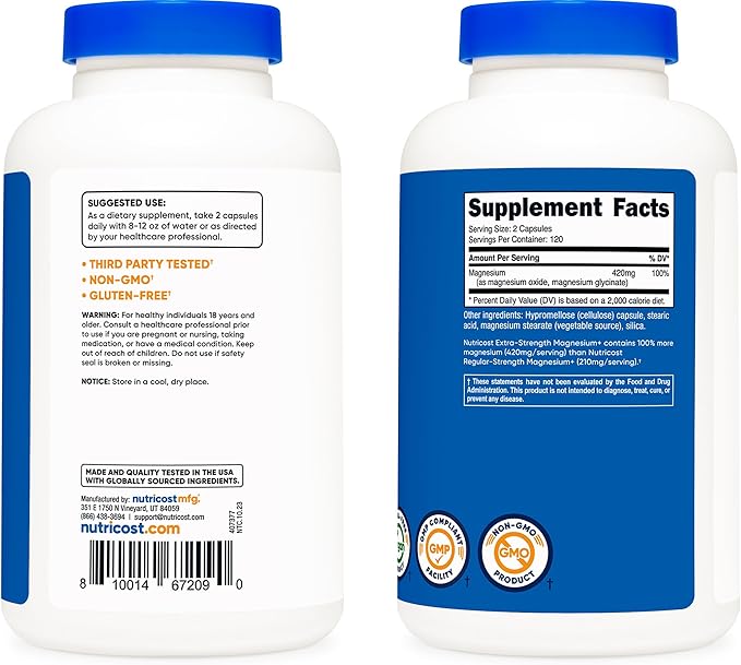 Nutricost Magnesium+ Extra Strength 420mg, 240 Capsules - 120 Servings. Magnesium Oxide and Glycinate - Non-GMO, Gluten Free, Vegan Friendly (Pack of 2)