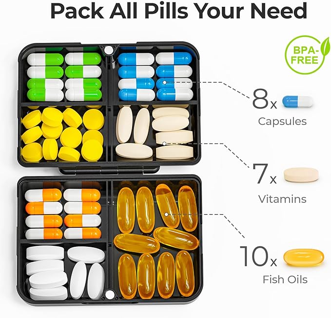 AUVON Daily Pill Organizer Fit with Your Purse or Pocket, Compact Travel Pill Box Case with Slim Folding Design and Long-Lasting Hinges to Hold Vitamin, Fish Oil, Supplement or Jewelry(Black)