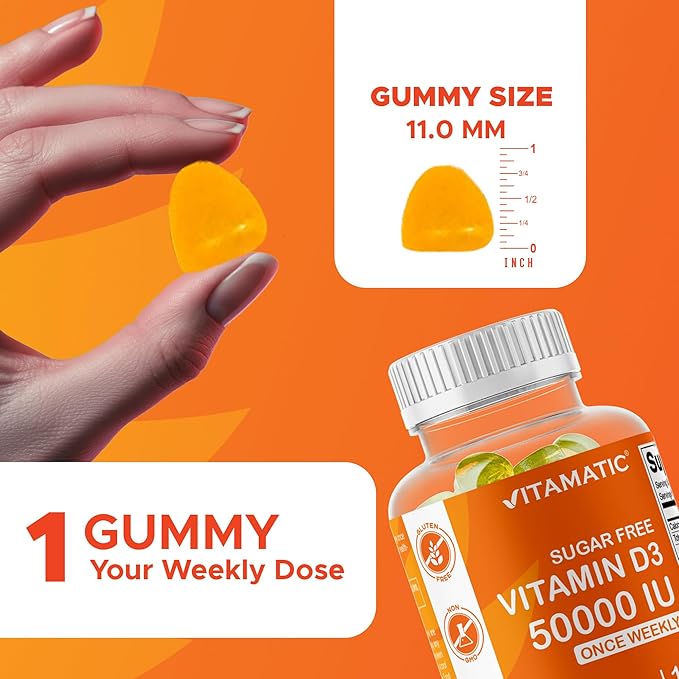 Vitamatic Sugar Free Vitamin D3 50,000 IU Weekly Supplement - 120 Pectin Based Gummies - Vitamin D Capsules for Bones, Teeth, and Immune Support (50000 IU)