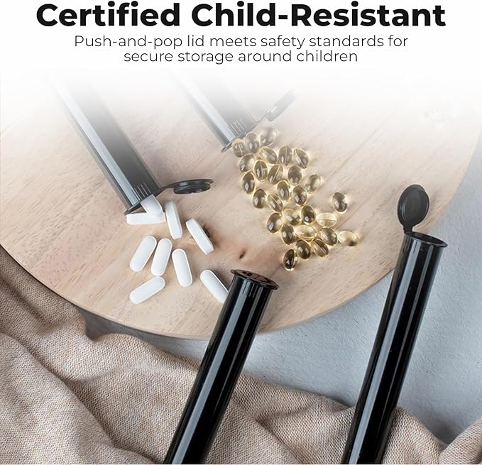 Kopperko Small Pill Tube (116mm, 4.6 Inch 500-Pack) | Child Resistant Small Medicine Container | Tube Food Container for Spices | Airtight, UV Resistant & Waterproof (Black Plastic)