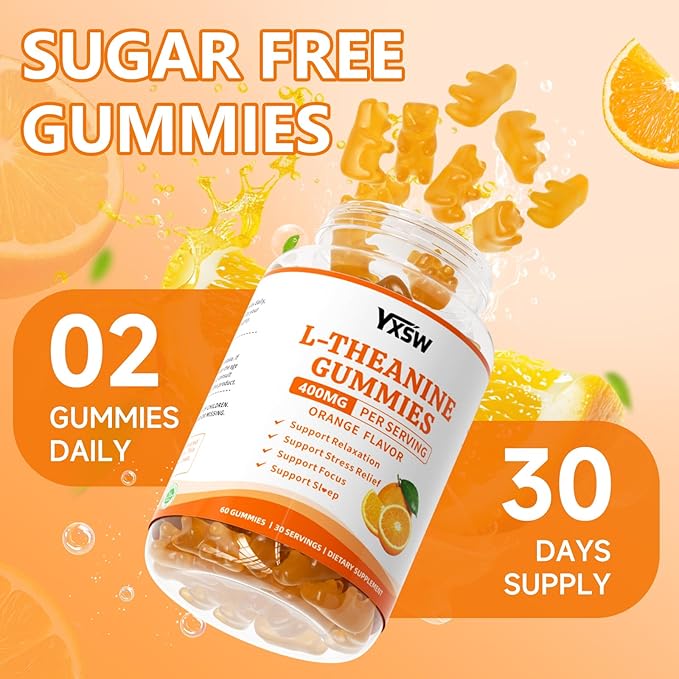 L-Theanine Gummies, Chewable L-Theanine Supplement for Adults & Kids 400mg with Ashwagandha, GABA, 5HTP for Relax, Zzz & Focus Support, Orange Flavor, 60 Counts