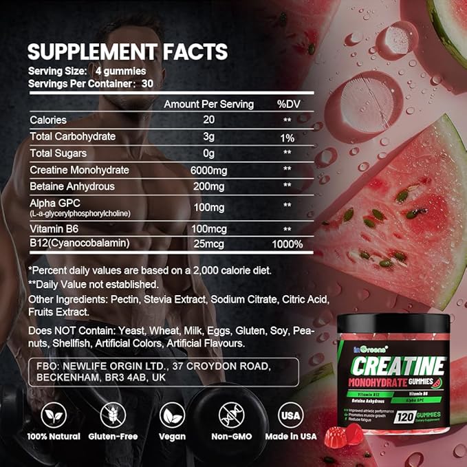 inGreens Creatine Monohydrate Gummies 6g for Men & Women, Sugar-Free Creatine Chewables with Betaine, Alpha GPC, Vitamin B6 & B12, Natural Berry Flavor, Gluten-Free, 120 Count