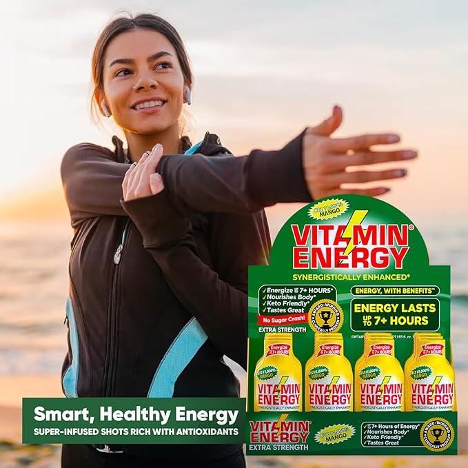 Vitamin Energy B12 11,000% Extra Strength Energy Shot Mango 48 Pack, 260mg Natural Caffeine, B12 & B6, Nootropic Focus, Vitality, Zero Sugar, Gluten-Free, Vegan, Kosher, 1.93 fl oz