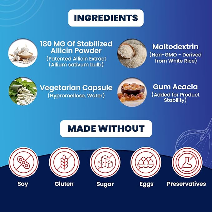 Allicin Supplement 100% Stabilized from Garlic, Odor-Controlled Extract, 180,000mcg (180mg) Non-GMO, Gluten-Free, Vegan, Supplement for Heart Health and Immune Support (30 Count)