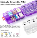 Foldable Weekly Pill Organizer 2 Times a Day with 2 Extra Compartments (Clear Printed Labels) - 7 Day AM PM Medicine Box, Week Daily Travel Pill Case Holder for Vitamin, Supplement - Clear Purple
