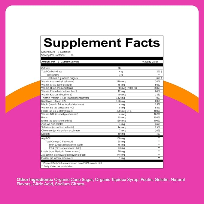 SmartyPants Teen Girl Multivitamin Gummies, Omega 3 (DHA/EPA), Vitamin C, D3, B12, Vitamin A, K & Zinc, Biotin to Support Hair, Skin & Nails, Gluten Free, 60 Count (30 Day Supply)