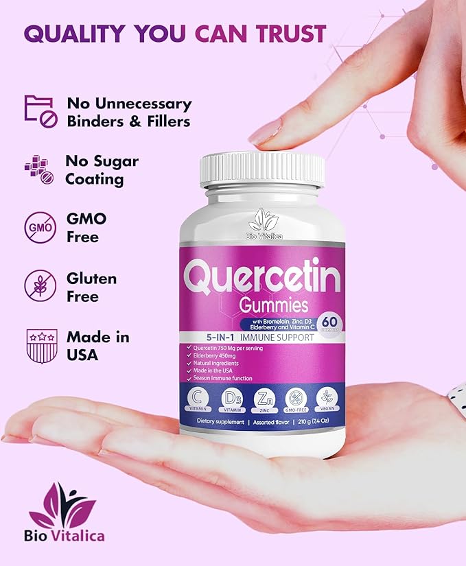 Quercetin Gummies by BioVitalica - Quercetin with Bromelain Vitamin C and Zinc & Elderberry + Vitamin D3-5 in 1 Immune Support - Zinc Quercetin 750 mg for Kids and Adults (1)