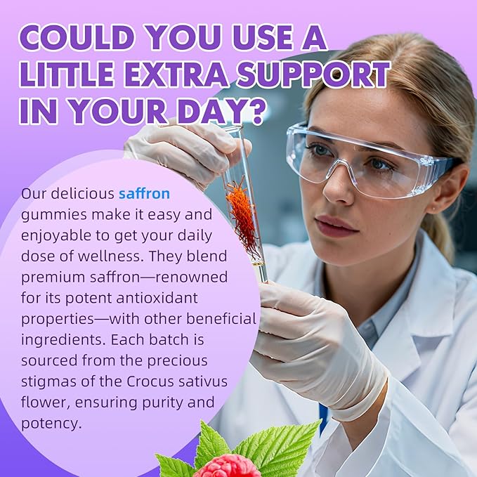 Saffron Gummies for Adult Kids - with Saffron 88.5mg, Vitamins D3 & B6, Magnesium, Zinc, Ashwagandha, L - Theanine, St. John's Wort - Supports Mood & Focus, Vegan, Raspberry Flavor, 60 Gummies