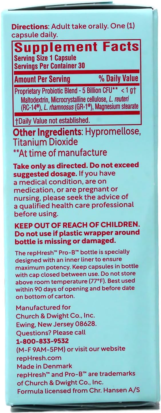 RepHresh Pro-B Vaginal Probiotic Supplement, Balances Yeast and Bacteria, Supports pH Balance, 30 Capsules