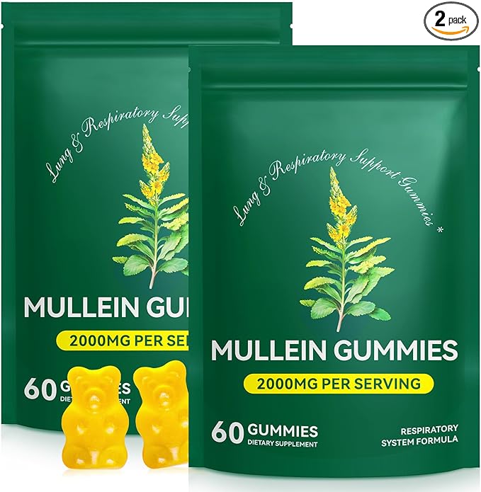Mullein Gummies for Lungs Detox, 2 Pack Mullein Leaf Extract for Lung Cleanse, Respiratory & Immune Support, Natural Herbal Supplement, Vegan, Pear Flavor, 60 Serving