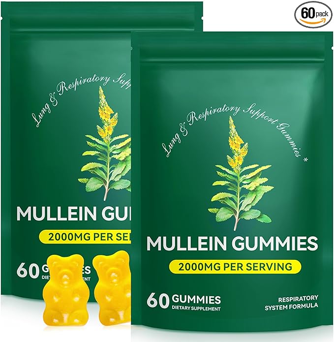 Mullein Gummies for Lung Detox, 2000mg Mullein Leaf Extract for Respiratory & Digestive & Immune Support w/Quercetin, Bromelain, Elderberry & Marshmallow, Vegan 120 Gummies (2 packs 120 gummies)