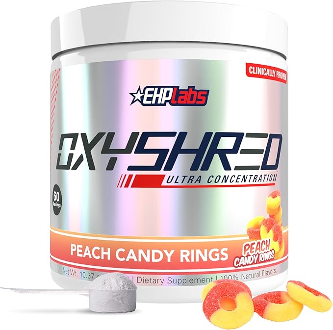 EHP Labs OxyShred Pre Workout Powder - Preworkout Powder with L Glutamine & Acetyl L Carnitine, Energy Boost Drink - Peach Candy Rings, 60 Servings
