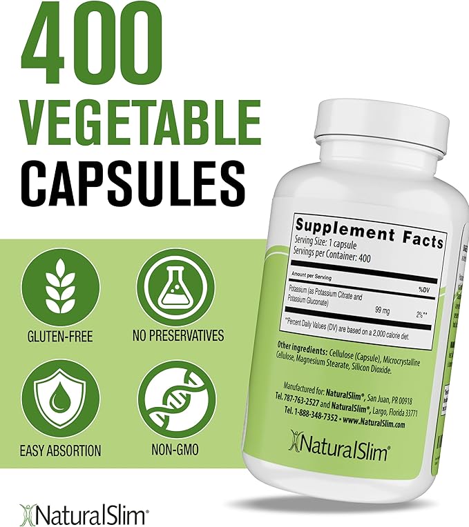 NaturalSlim Natural Potassium Citrate Gluconate 99 mg - Kadsorb Supports Electrolyte Balance & Normal pH - Absorbable Potassium Supplements with Essential Minerals - Non GMO 400 Capsules 1 Pack