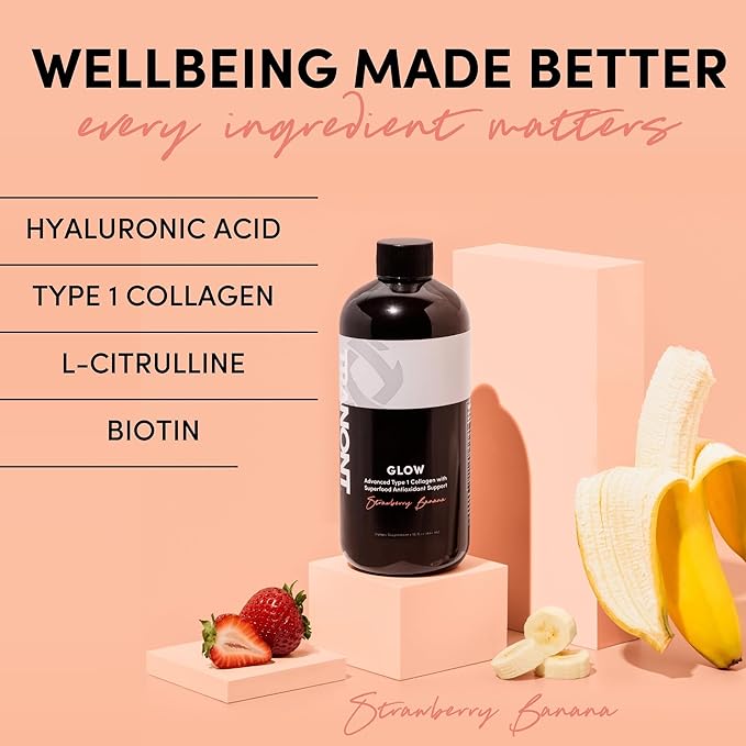 Tranont Glow Liquid Collagen for Women | Multi Collagen Peptides with Hyaluronic Acid & Biotin | Hair, Skin & Nail Support | Hydrolyzed Collagen Shot | Strawberry Banana | 30 fl oz