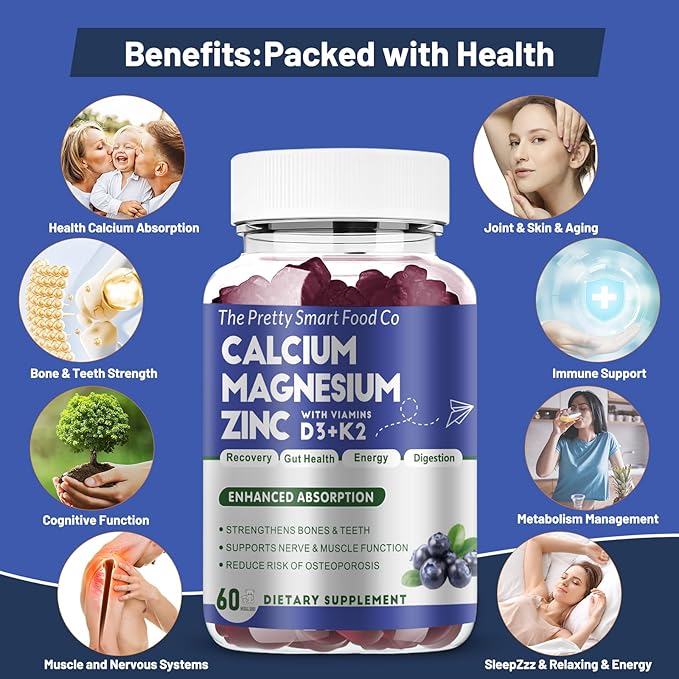 Calcium Magnesium Zinc Gummies with Vitamin D3 & K2 for Bone, Muscle & Immune Support - High Potency Enhanced Absorption - 60 Blueberry Gummies