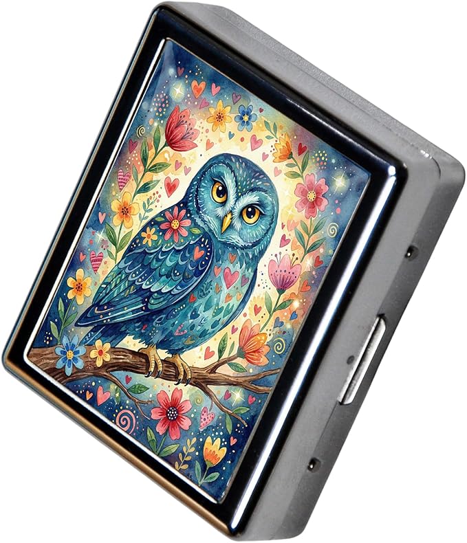 Weekly Pill Organizer, Metal Pill Box with 8 Compartments, Small Travel Pill Case for Purse Pocket, Medicine Vitamin Supplement Organizer (Floral Owl)