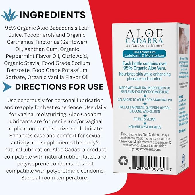 Aloe Cadabra Flavored Personal Lubricant and Vaginal Moisturizer, Organic Edible Aloe Lube for Men, Women and Couples, Non-Staining, pH Balanced, Toy Compatible (Peppermint, 2.5 Ounces, 3 Pack)
