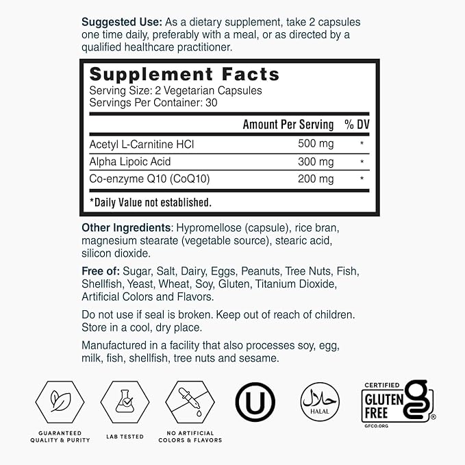 Nature's Lab CoQ10 200mg with Alpha Lipoic Acid & L-Carnitine - High Absorption Heart & Brain Support - Energy & Mitochondrial Function - 60 Capsules Gold