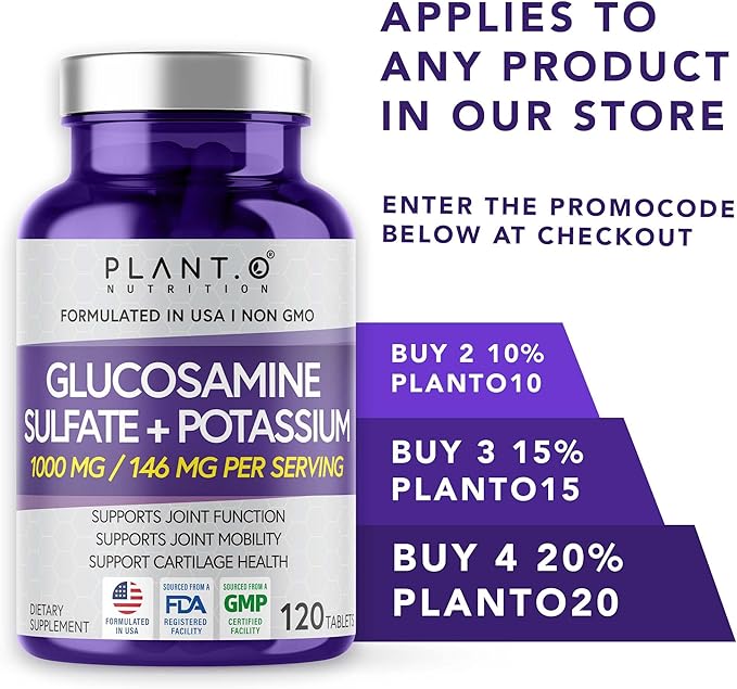 PLANT.O NUTRITION Glucosamine Sulfate with Potassium | Strong Joint Support Supplement | Supports Cartilage and Connective Tissues | Aids Knee and Bone Structure | 120 Tablets