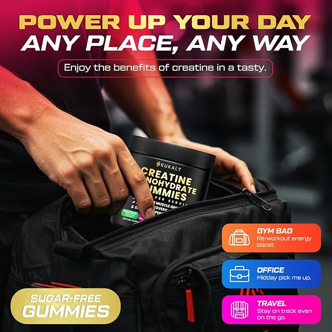 KUKALY Creatine Monohydrate Gummies for Men & Women, 9000MG Creatine Gummies Sugar Free with L-Taurine, BCAA 2:1, B12 B6 for Boost Strength, Focus & Endurance, Vegan, Non-GMO, Raspberry 120*2 Bottle