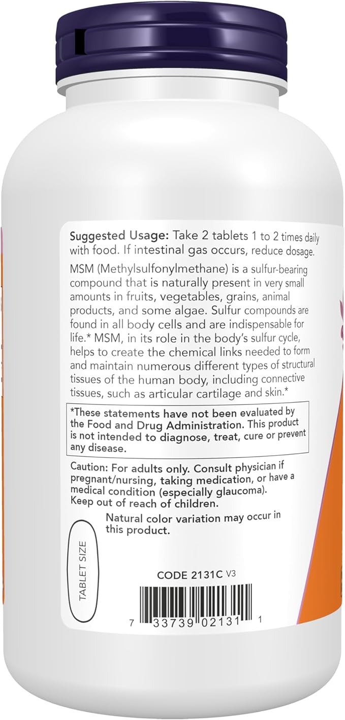 NOW Foods Supplements, MSM (Methylsulfonylmethane) 1,500 mg, Supports Healthy Cartilage*, Joint Health*, 200 Tablets