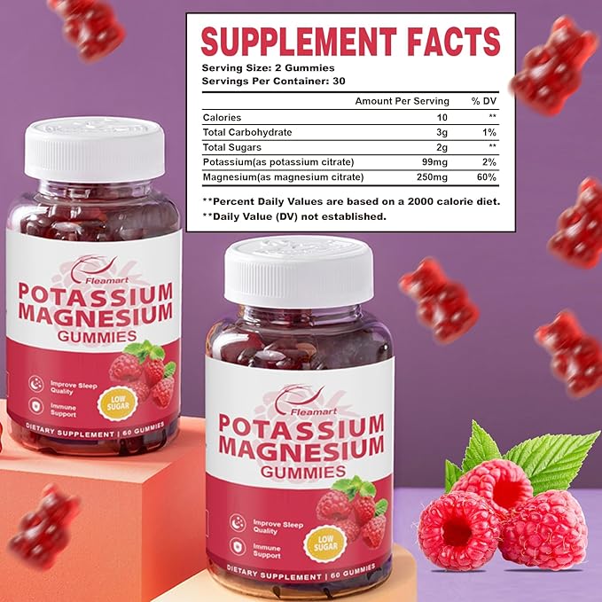 Potassium Magnesium Gummies Potassium Citrate 99mg Magnesium Citrate 250mg Magnesium Potassium Complex Supplement, Immune Support, 60 Raspberry Gummies 2 Pack