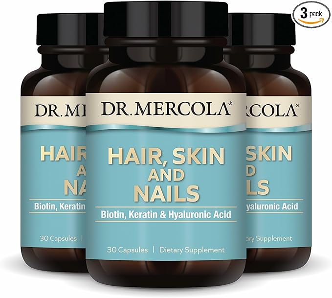 Dr. Mercola Hair, Skin and Nails - Provides Biotin, Keratin & Hyaluronic Acid - Premium Quality - Supports Healthy Aging - Non-GMO, Gluten-Free & Soy-Free - 30 Capsules (3 Pack)