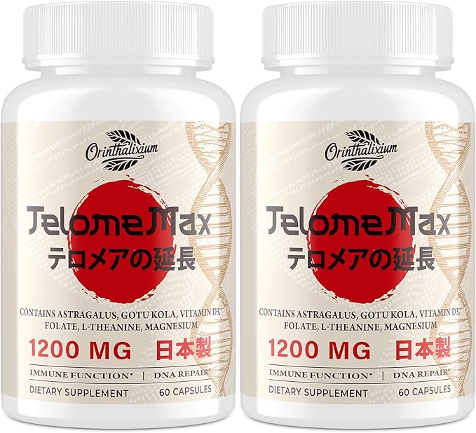 Telomere Lengthening Supplements – Organic Astragalus, Gotu Kola, Vitamin D3, Folate, L-Theanine – Anti-Aging, DNA Repair, Immune & Cellular – 60 Vegan Capsules, Made in Japan (2 Bottle)