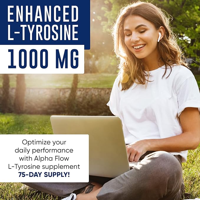 Alpha Flow L Tyrosine 1000MG Capsules - All-Natural L- Tyrosine Supplement for Focus & Energy Boost - Non-GMO & Gluten-Free - Vegan 150 Caps -500mg x 2 per Serving