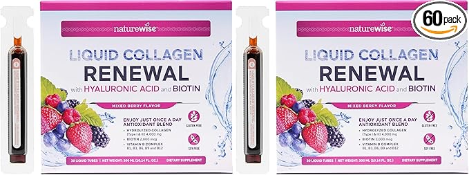 NatureWise Hydrolyzed Liquid Collagen for Women & Men 4000mg-High Absorption, Type 1&3 Peptides with Biotin + Vitamin C + B Complex & Hyaluronic Acid -Mixed Berry - 30 Tubes[30 Day Supply](Pack of 2)