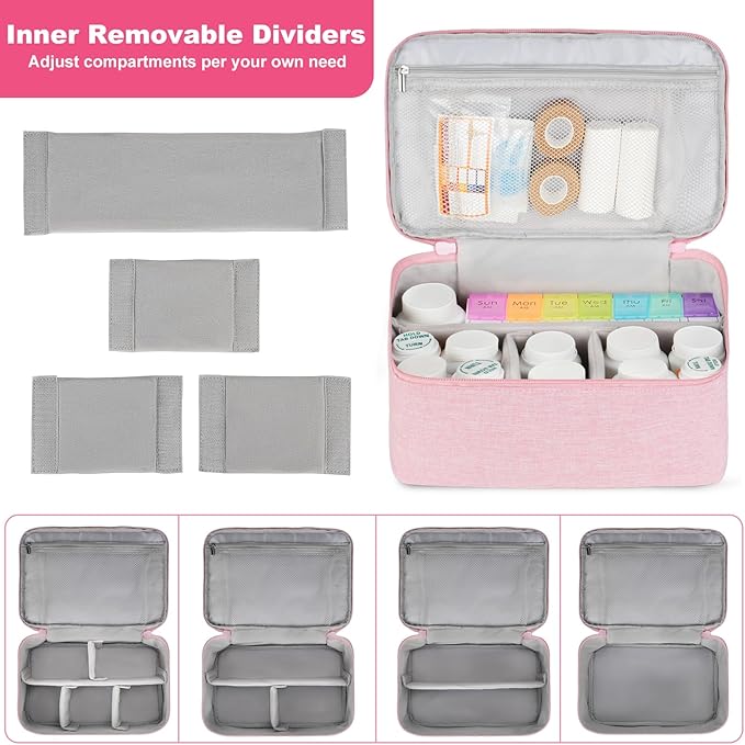 Medicine Storage Bag,Double Layers Pill Bottle Organizer Bag Empty with Lockable Zipper&Adjustable Divider,Medication Travel Carrying Bag for Pills,Vitamins,Medical Supplies,Pink
