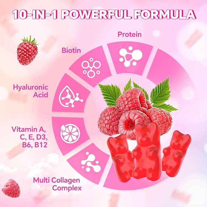 Collagen Gummies for Women Men, Hydrolyzed Collagen Protein Type I II III V X with Biotin Vitamin C A B D E Hyaluronic Acid for Hair, Skin, Nails, Joint, Immune Support, Raspberry Flavor, 60 Count