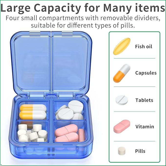 Small Pill Box,4 Compartments Travel Pill Case, Portable Pill Organizer,Mini Pill Container for Pocket,Daily Compact Travel Medicine Holder for Vitamins Fish Oil and Supplement Storage(Blue+Black)