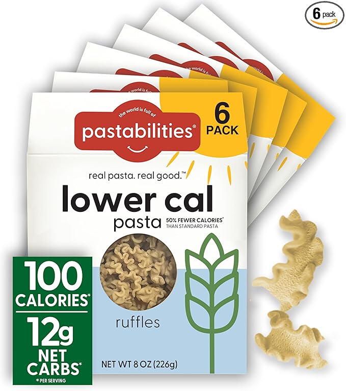 Pastabilities, Lower Calorie Pasta, Ruffles – 100 Calories/Serving Low Net Carbs, Low Calorie, Non-GMO, High Fiber, Vegan, Plant-Based, Enhanced Nutrients, Delicious Taste & Texture (8 Ounce, 6 Pack)