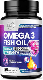 Omega 3 Fish Oil Supplements - 2400mg Fish Oil Per Serving - Triple Strength Omega-3 with EPA & DHA Fatty Acids - Natural Heart, Brain & Immune Support - Wild Caught, Bottled in USA - 120 Softgels