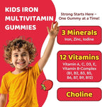 Iron Supplement Gummies for Kids, Kids Multivitamin with Iron Gummies - Zinc, Vitamin B Complex, A, C, D3, B12, Folate for Blood Builder & Energy Support, Iron Deficiency, Vegan Strawberry 60 Gummies