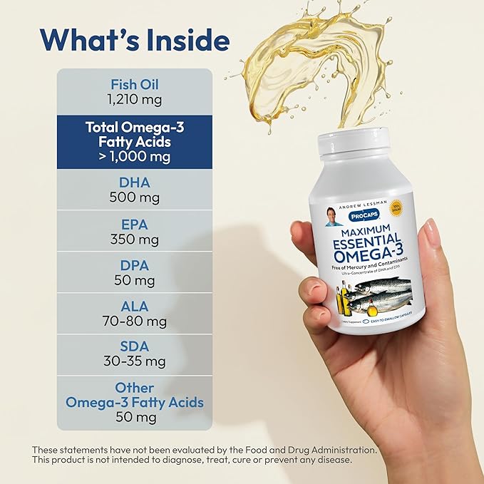 ANDREW LESSMAN Maximum Essential Omega-3 Unflavored, 360 Softgels - Ultra-Pure Omega-3 Fish Oil 1200 mg-High DHA, No Mercury Supplement-Small, Easy to Swallow Fish Oil Capsules