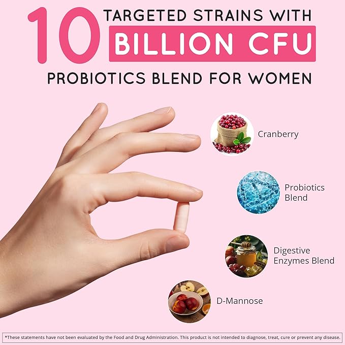 Vaginal Probiotics for Women - ph Balance for Women | 10B CFU - 10 Strains | Cranberry & D-Mannose | BV, Yeast, Flora & Odor Control | Urinary, Gut & Digestive Health Support Pills, 60 Ct