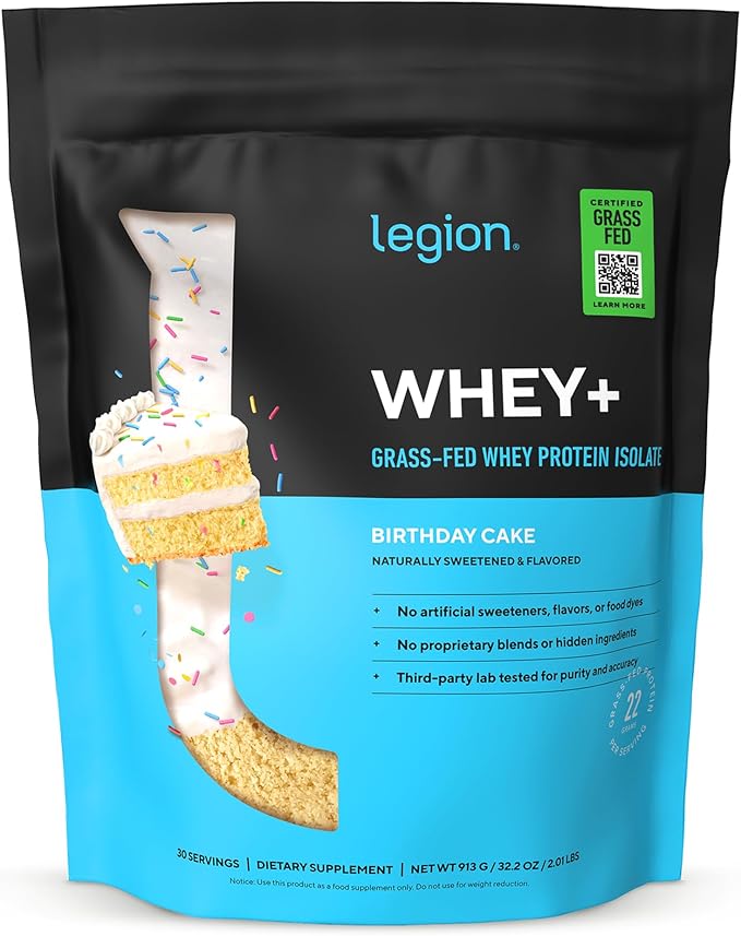 LEGION Whey+ Protein Whey Isolate from Grass Fed Cows (Birthday Cake, 30 Servings) - Whey Protein Isolate Powder Low Calorie, Non-GMO, Sugar Free, Lactose and Gluten Free, All Natural Protein Powder