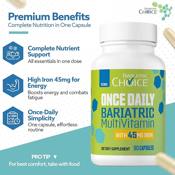 Bariatric Choice Once-Daily Bariatric Multivitamin with 45 mg of Iron | Easy to Swallow Capsule | Vitamin for Bariatric Surgery Patients | 90 Count (3-Month Supply)