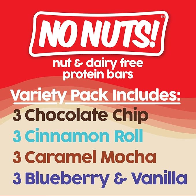 No Nuts! Protein Bar Variety Pack – 12 Count | Nut-Free & School-Safe | Chocolate Chip, Caramel Mocha, Cinnamon Roll & Blueberry Vanilla | Dairy-Free, Vegan, Non-GMO, Organic, Kosher