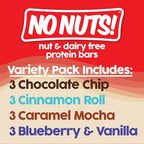 No Nuts! Protein Bar Variety Pack – 12 Count | Nut-Free & School-Safe | Chocolate Chip, Caramel Mocha, Cinnamon Roll & Blueberry Vanilla | Dairy-Free, Vegan, Non-GMO, Organic, Kosher