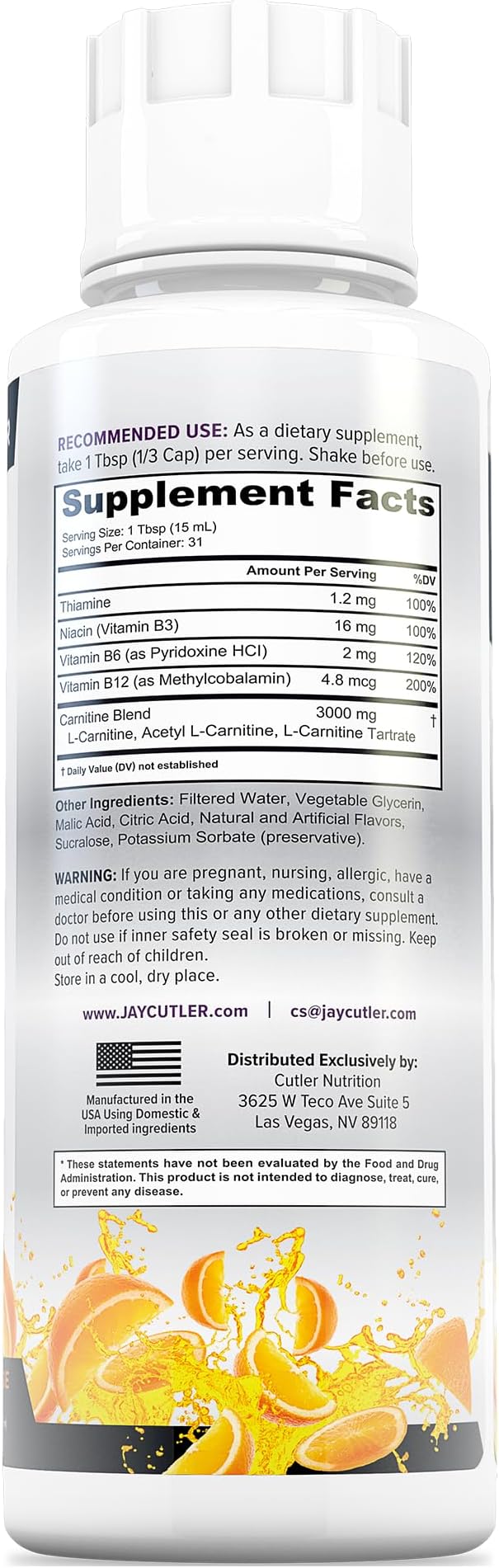 Cutler Nutrition Liquid L-Carnitine Fat Burner Supplement with Acetyl L-Carnitine & L-Carnitine Tartrate - Fat Burner Formula for Optimal Absorption, Energy & Muscle Support | Orange Flavor
