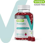 Viteey Probiotic Gummies for Women, Men & Teens, 2 Billion CFUs - Sugar Free - Immune Booster, Digestive Support, Gut Health - Vegan, Gelatin Free, GMO Free - Tasty Chewable Raspberry Flavored Gummy