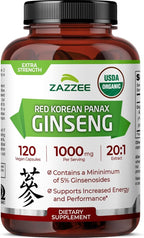 Zazzee USDA Organic Red Korean Panax Ginseng 20:1 Extract, 1000 mg, 5% Ginsenosides, 120 Vegan Capsules, Standardized and Concentrated 20X Root Extract, 100% Vegetarian, All-Natural, Made in the USA
