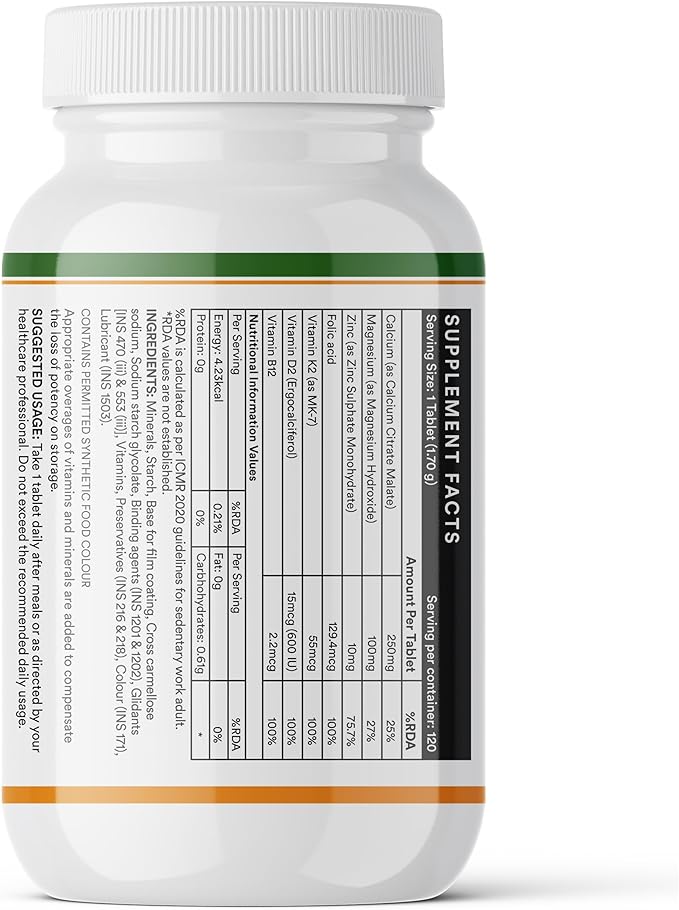 INLIFE Calcium Magnesium Zinc Vitamin D K2 Folic Acid & B12 Vegetarian Tablets, Bone & Joint Support Supplement | Calcium Supplement for Women Men - 120 Tablets (Pack of 1)