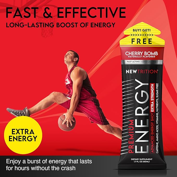 NewTrition® Extra Strength Energy Shots, 1.7 fl oz - 250mg Caffeine with Vitamin B & Amino Acids, Sugar-Free, Zero Calorie Vitamin Energy Drink for Focus & Endurance (Pack of 6, Cherry Bomb)