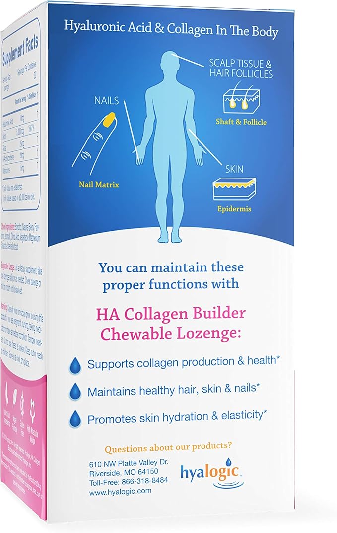 Hyalogic Hyaluronic Acid Chewable Lozenge – Sugar-Free Supplement for Hair Skin and Nails Vitamins for Women, Supports Skin Hydration (30 Count)
