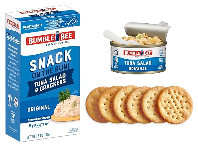 Bumble Bee Snack On The Run! Protein Snack Pack - 8g Protein per Box - Original Tuna Salad with Crackers Kit - Ready to Eat Easy-Open Can - Wild Caught MSC-Certified Tuna (Pack of 12)