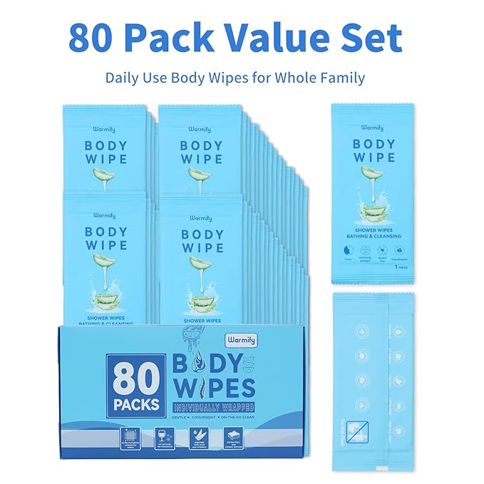80 Pcs Body Wipes Individually Wrapped (9.29" x 8"), Large Shower Wipes for Adults Bathing No Rinse, Portable Personal Cleansing for Gym, Camping, Hiking, Backpacking,Bulk Homeless Supplies
